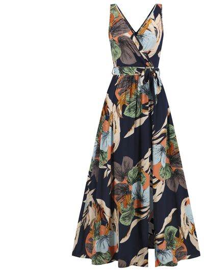 Slit Tied Printed Surplice Dress - Hovatok