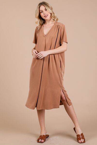 Ces Femme Side Slit Short Sleeve Midi Dress with Pockets - Hovatok