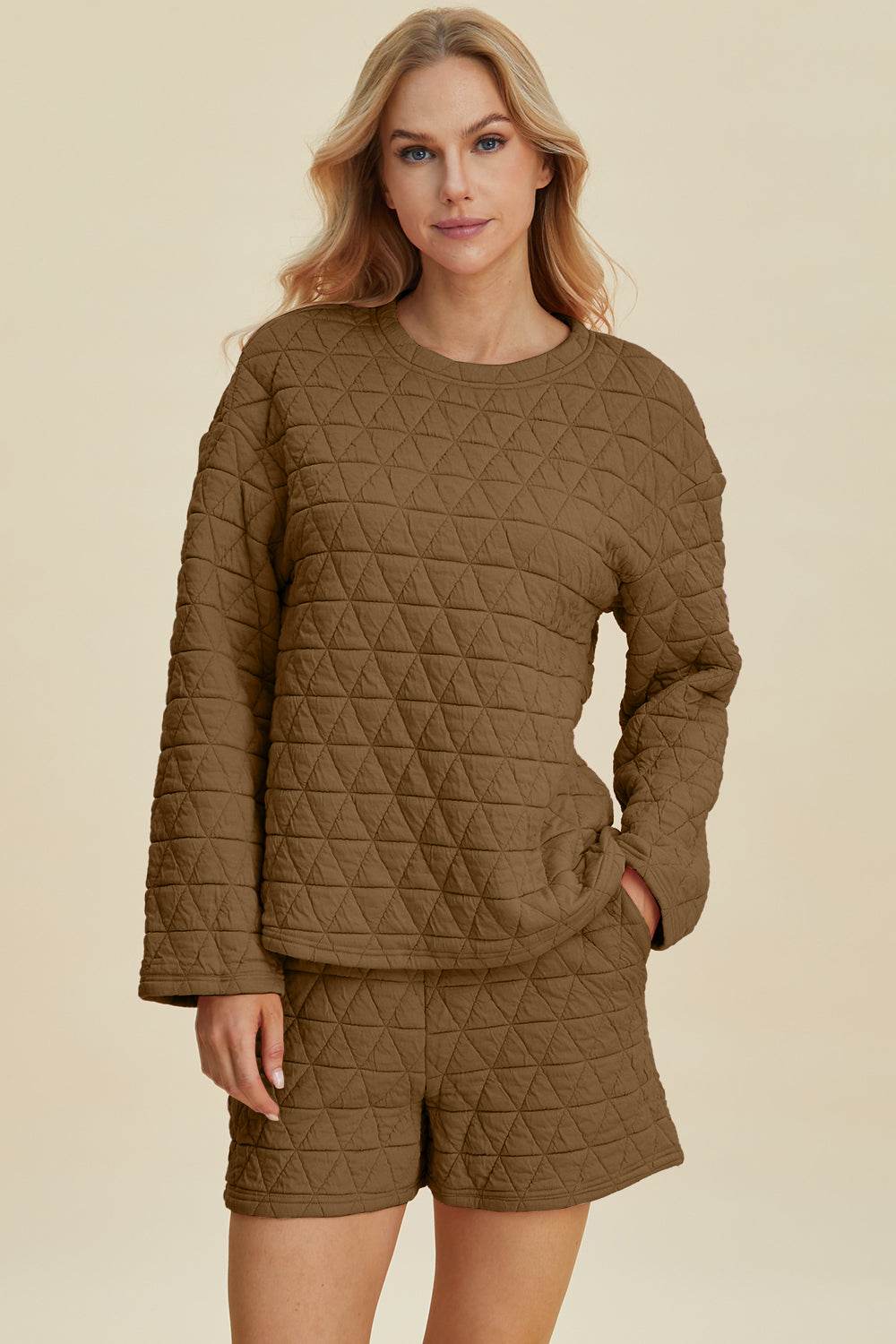 Double Take Full Size Texture Round Neck Long Sleeve Top and Shorts Set - Hovatok