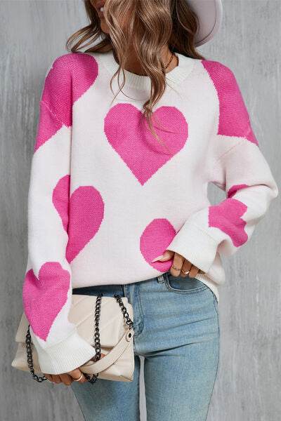 Angel Wings Contrast Heart Dropped Shoulder Long Sleeve Sweater - Hovatok