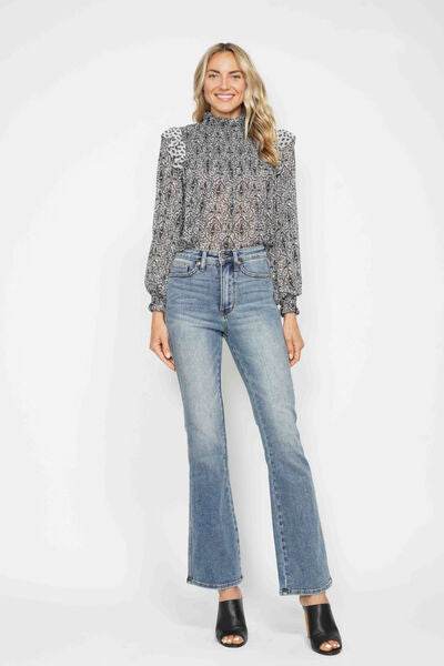Judy Blue Full Size Tummy Control Back Embroidered Pocketed Bootcut Jeans Plus Size - Hovatok