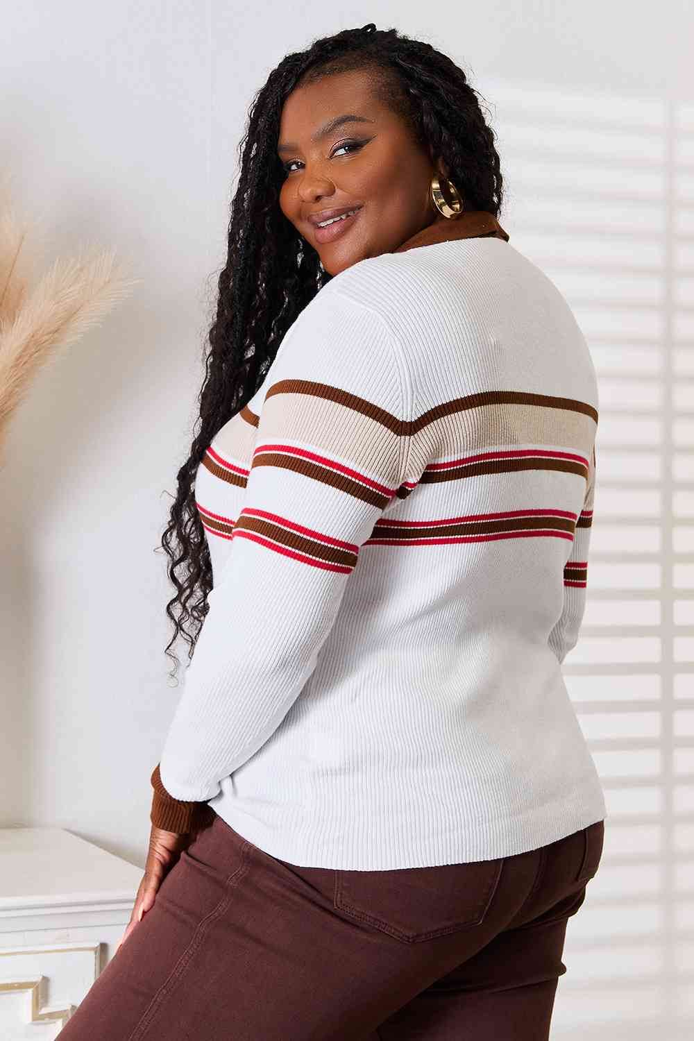 Basic Bae Striped Collared Neck Rib-Knit Top - Hovatok