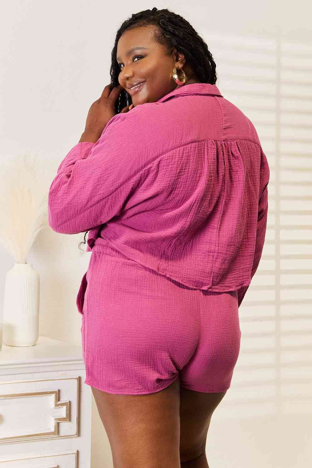 Basic Bae Buttoned Long Sleeve Top and Shorts Set - Hovatok