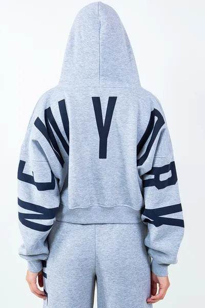 American Bazi Letter Graphic Long Sleeve Drawstring Cropped Hoodie - Hovatok