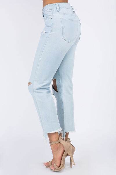 American Bazi High Waist Distressed Raw Hem Jeans - Hovatok