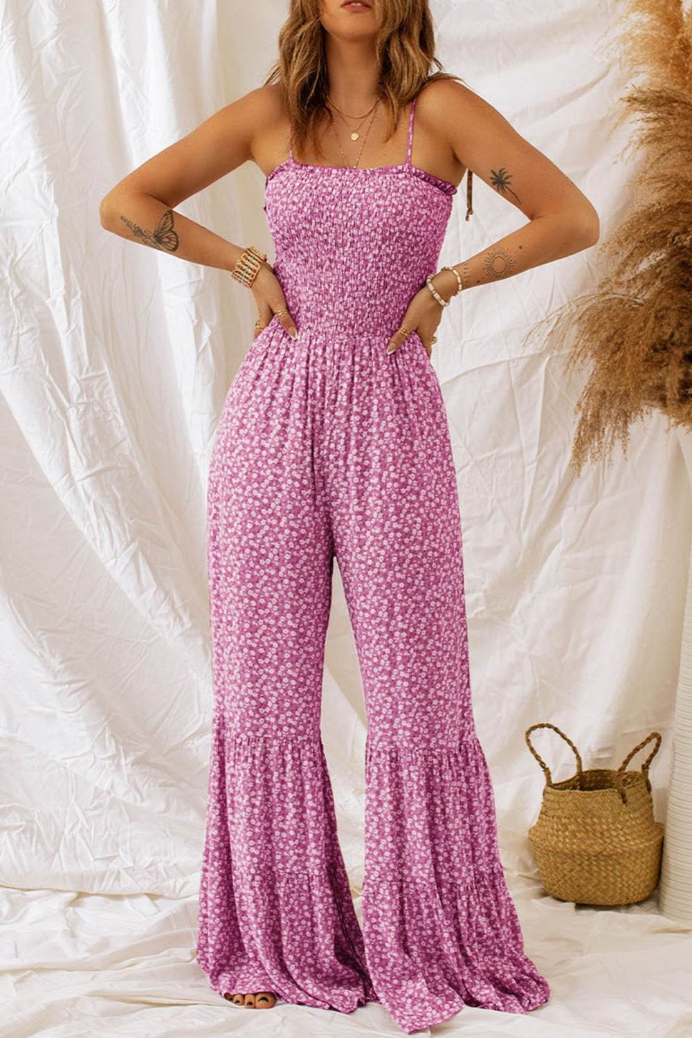 Smocked Printed Wide Strap Jumpsuit - Hovatok