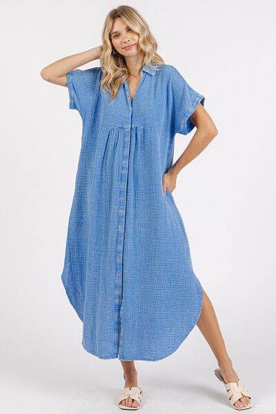 Mittoshop Mineral Wash V Neck Button Up Midi Shirt Dress - Hovatok