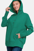 Zenana Half Snap Long Sleeve Hoodie with Kangaroo Pocket - Hovatok