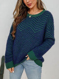 Angel Wings Striped Round Neck Dropped Shoulder Sweater - Hovatok