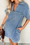 Short Sleeve Collared Patched Pocket Denim Mini Dress - Hovatok