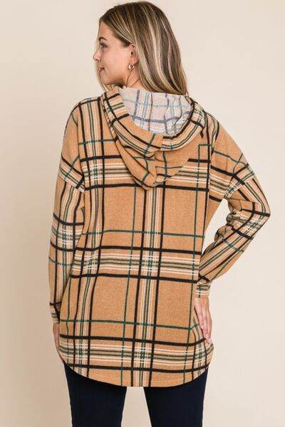 BOMBOM Drawstring Plaid Long Sleeve Hoodie - Hovatok