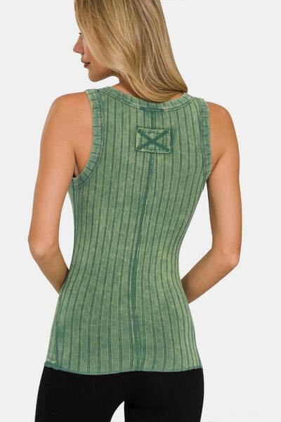Zenana Washed Ribbed Half Snap Henry Tank - Hovatok