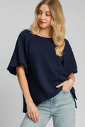 Umgee Full Size Boxy Cut Jacquard Round Neck Top with Side Slit Plus Size - Hovatok