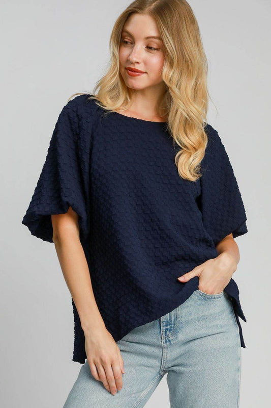 Umgee Full Size Boxy Cut Jacquard Round Neck Top with Side Slit Plus Size - Hovatok