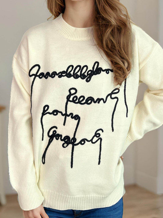 Letter Contrast Round Neck Dropped Shoulder Sweater - Hovatok