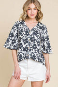 BOMBOM Floral Decorative Button V-Neck Top - Hovatok