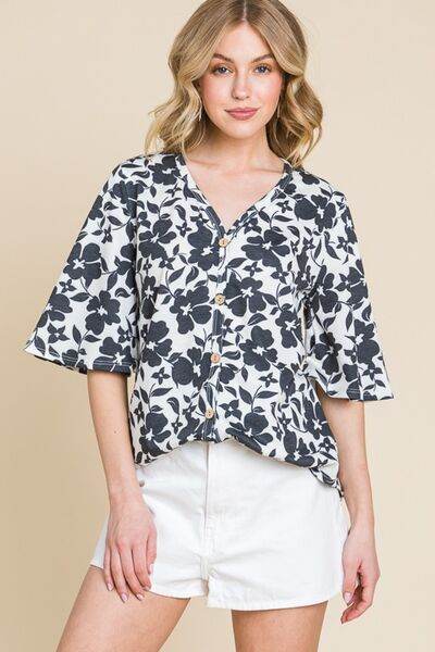 BOMBOM Floral Decorative Button V-Neck Top - Hovatok