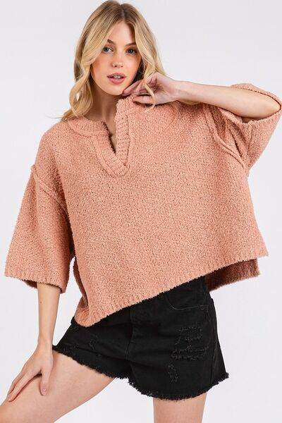 Mittoshop Side Slit Notched Drop Shoulder Sweater - Hovatok