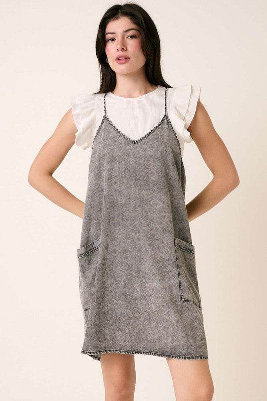 Mittoshop Washed Patch Pocket Mini Cami Denim Dress - Hovatok