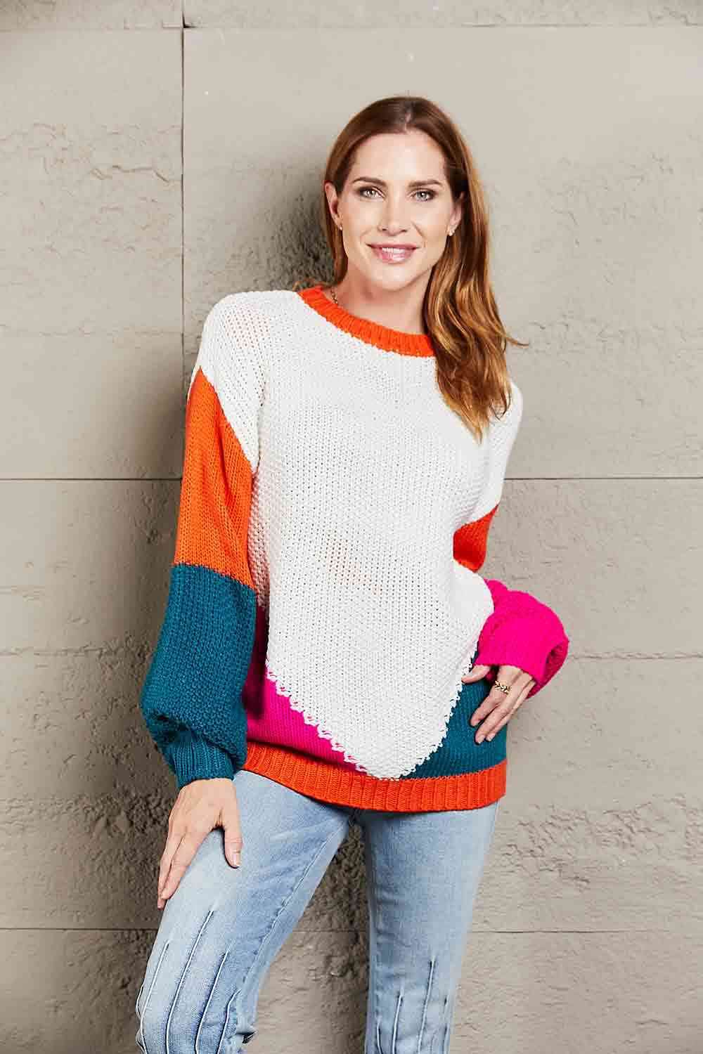 Angel Wings Color Block Round Neck Drop Shoulder Sweater - Hovatok