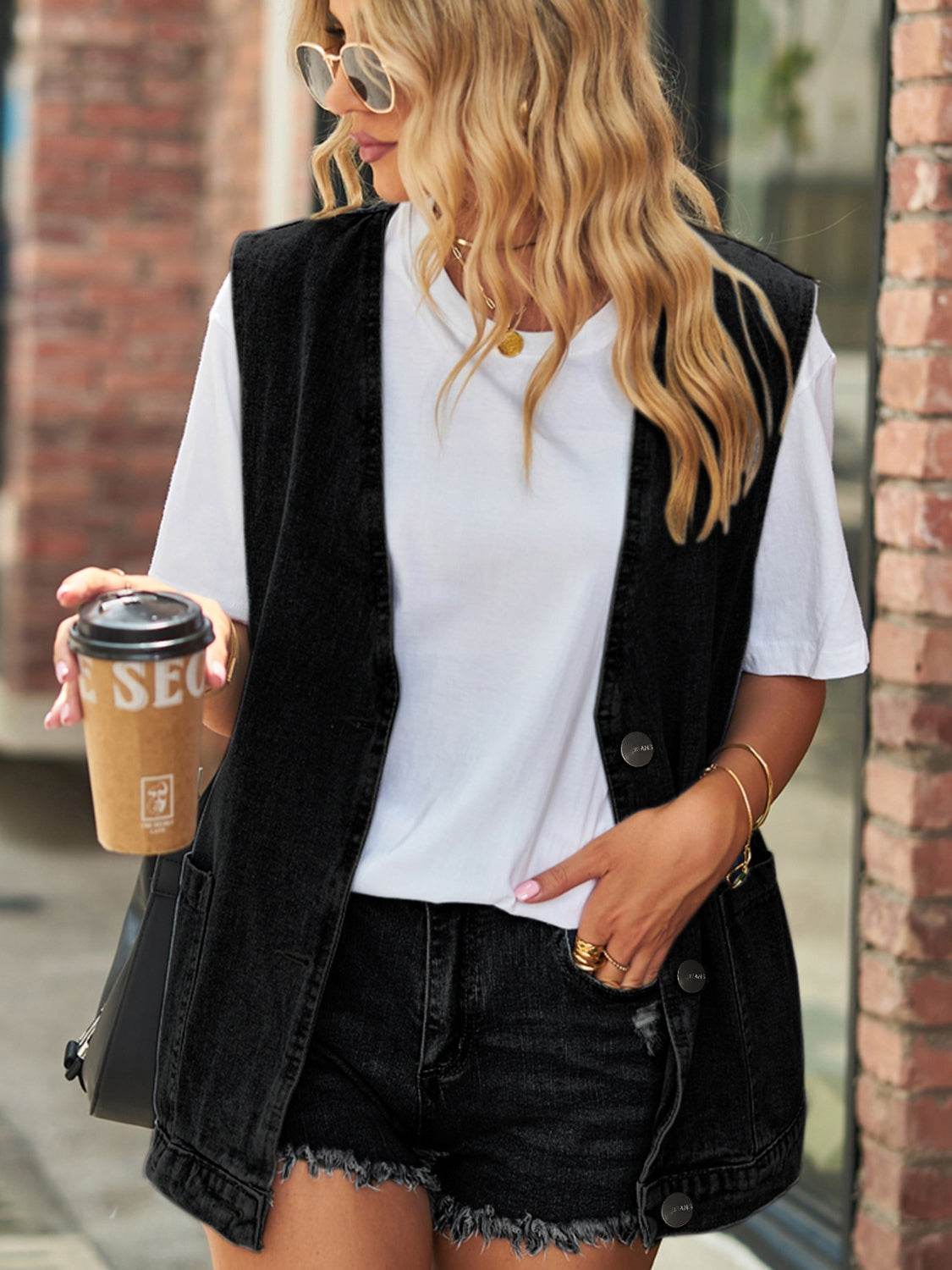 Full Size V-Neck Button Up Denim Vest - Hovatok