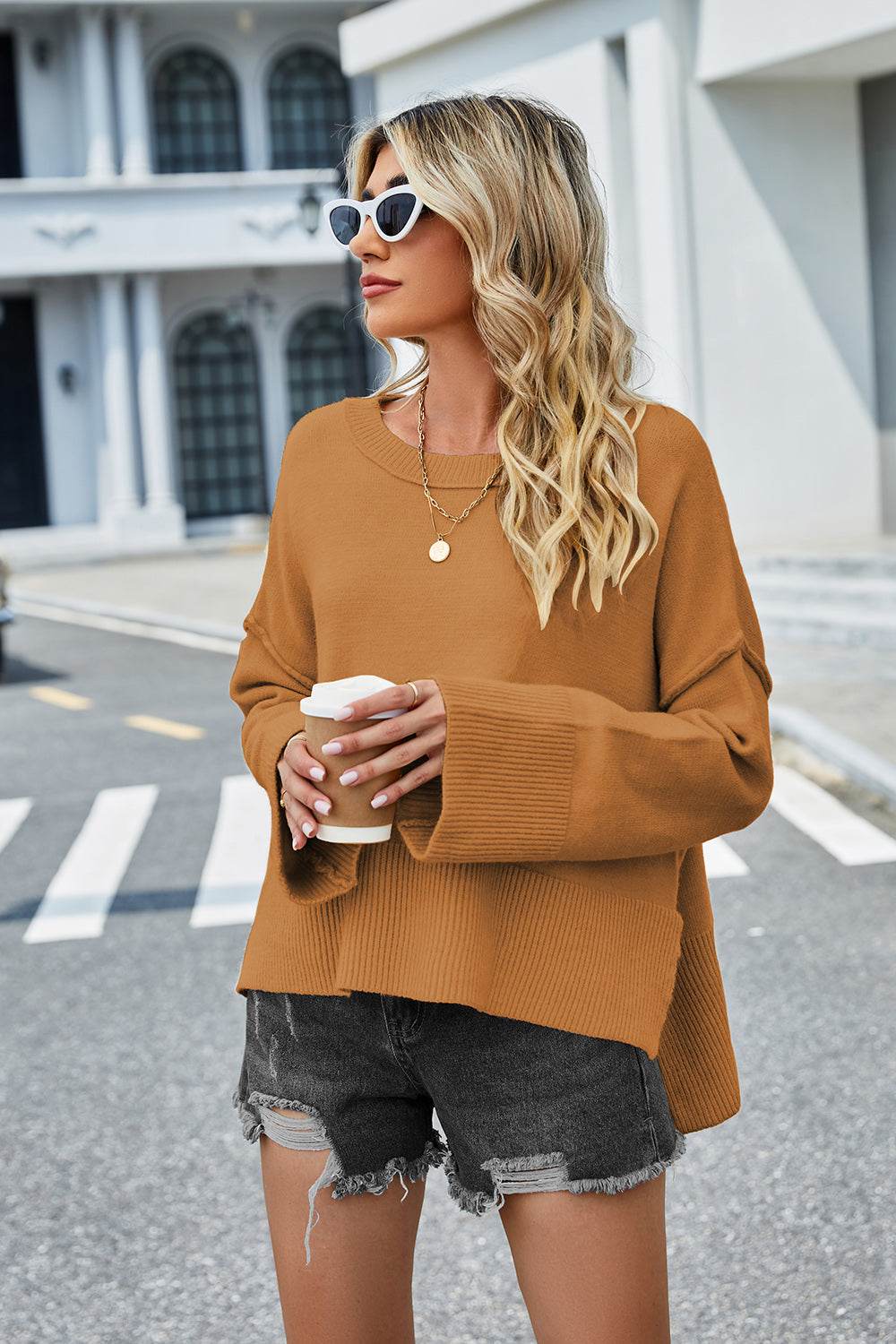 High-Low Slit Round Neck Long Sleeve Sweater - Hovatok