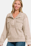 Zenana Acid Washed Half Snap Fleece Sweatshirt - Hovatok