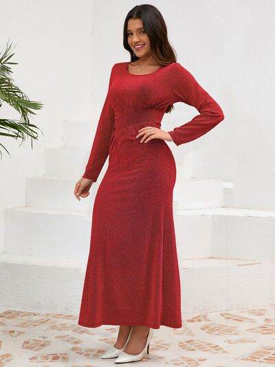 Ruched Round Neck Long Sleeve Dress - Hovatok