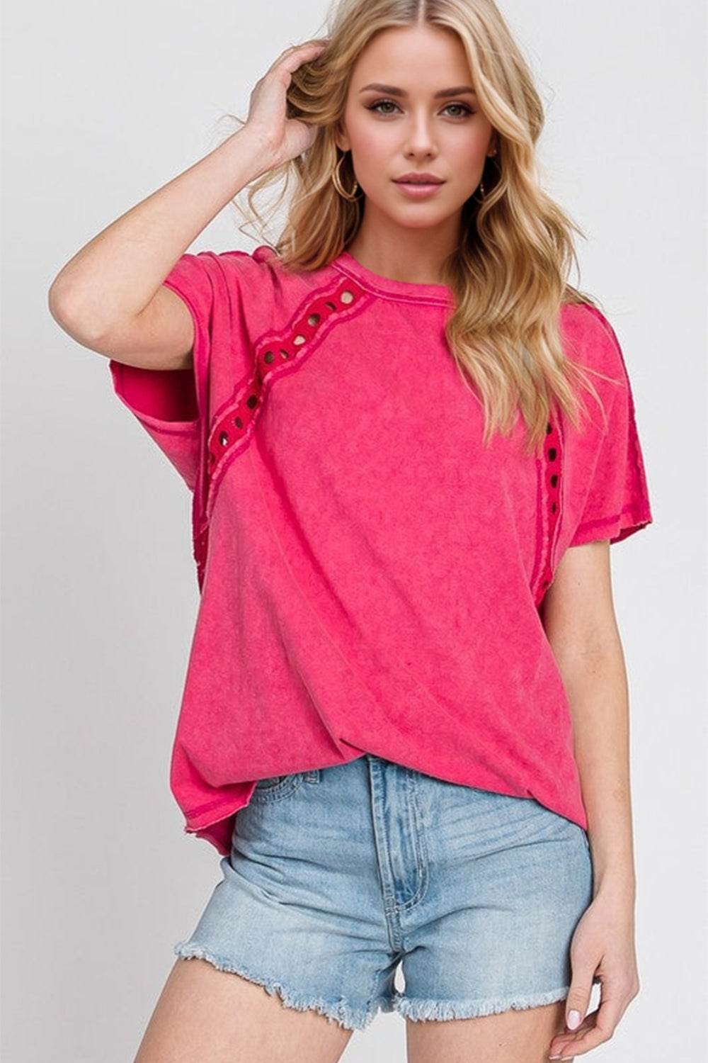 Double Take Full Size Cutout Round Neck Short Sleeve T-Shirt - Hovatok