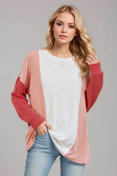 Double Take Texture Contrast Round Neck Long Sleeve T-Shirt - Hovatok