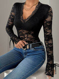 Perfee Lace V-Neck Long Sleeve Bodysuit - Hovatok