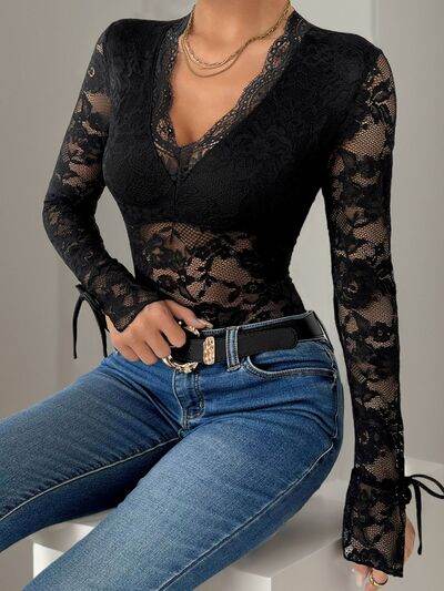 Perfee Lace V-Neck Long Sleeve Bodysuit - Hovatok