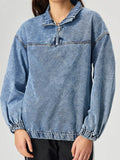 Quarter Zip Collared Neck Denim Top - Hovatok