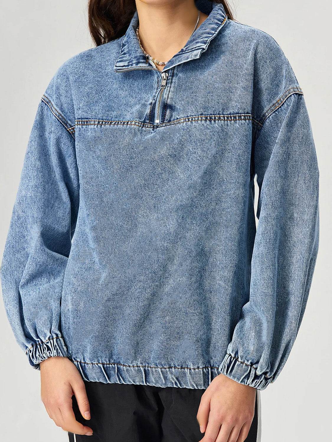 Quarter Zip Collared Neck Denim Top - Hovatok