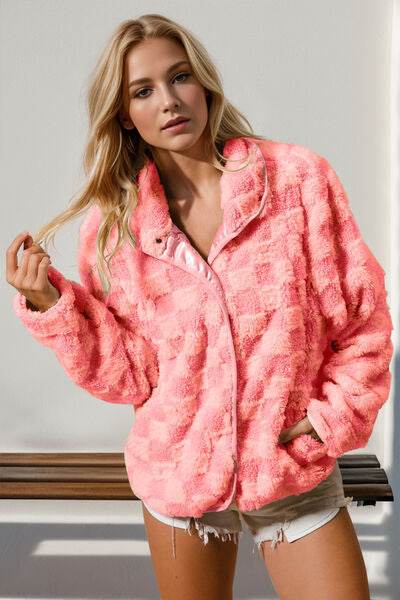 Double Take Checkered Long Sleeve Fuzzy Jacket - Hovatok