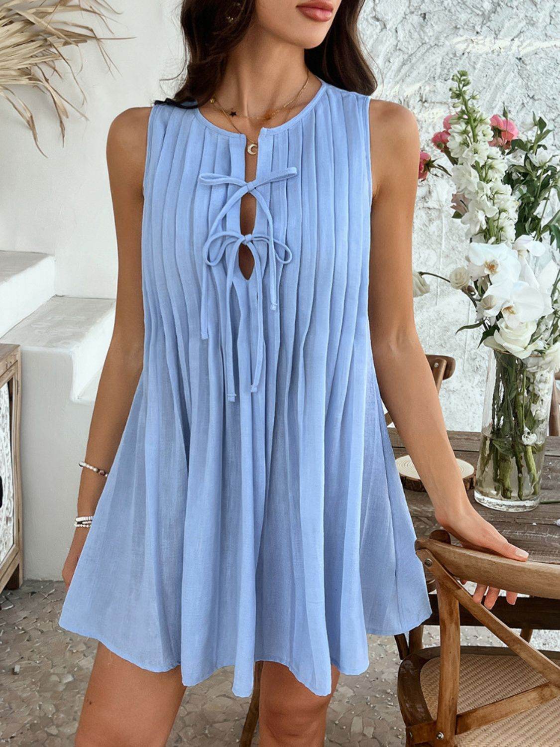 Devine Pleated Sleeveless Mini Dress - Hovatok