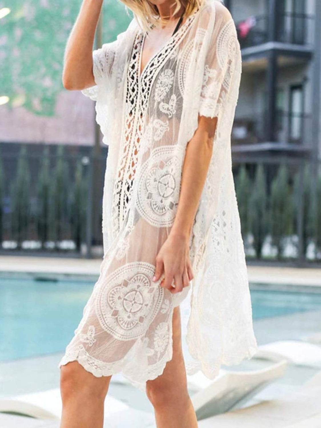 Lace V-Neck Half Sleeve Cover-Up - Hovatok