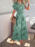 Devine Printed Notched Short Sleeve Wide Leg Jumpsuit - Hovatok