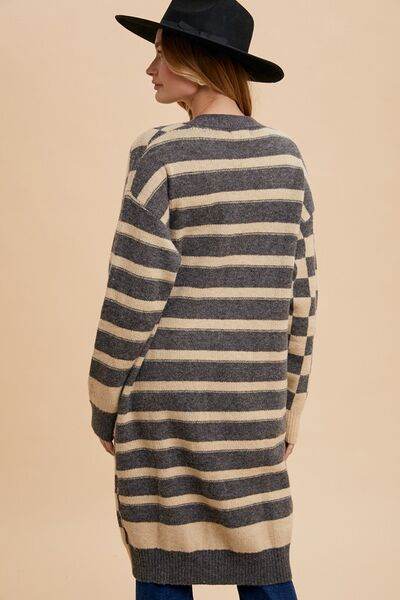Annie Wear Checkered & Striped Open Front Long Sleeve Cardigan - Hovatok