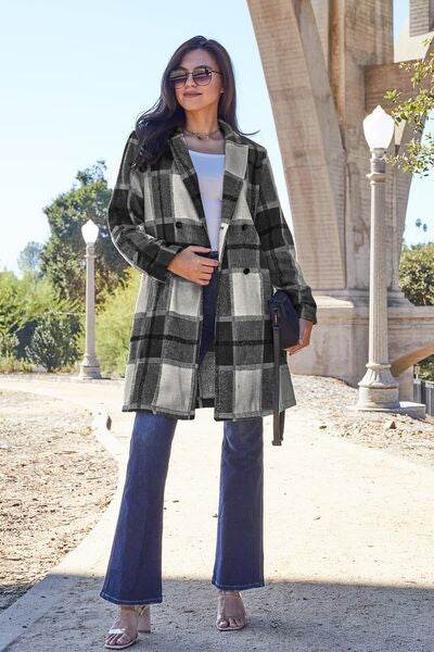 Double Take Full Size Plaid Button Up Lapel Collar Coat - Hovatok