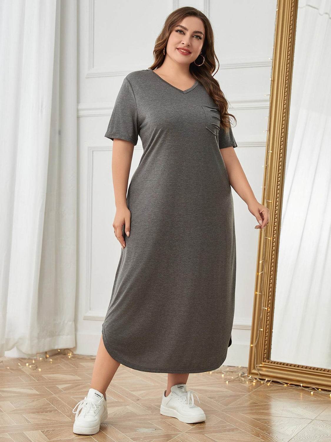 Plus Size Pocketed V-Neck Short Sleeve Lounge Dress - Hovatok