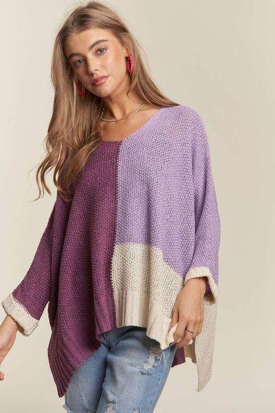 ADORA Side Slit Color Block Long Sleeve Sweater - Hovatok