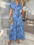 Devine Printed Notched Short Sleeve Wide Leg Jumpsuit - Hovatok