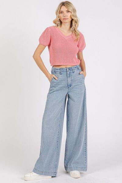 Mittoshop V-Neck Short Sleeve Crop Sweater - Hovatok