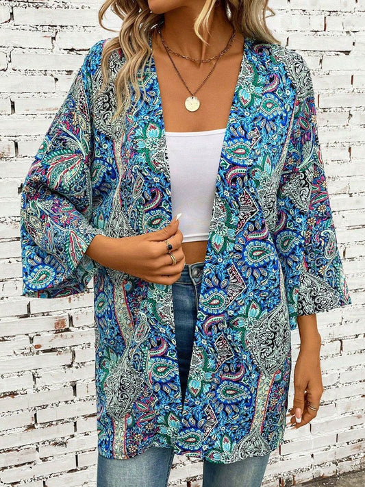 Printed Open Front Three-Quarter Sleeve Cover Up - Hovatok