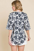 BOMBOM Floral Decorative Button V-Neck Top - Hovatok