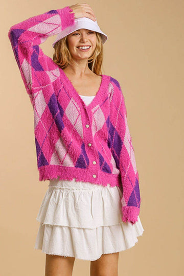 Umgee Full Size Argyle Pattern V-Neck Button Front Cardigan Plus Size - Hovatok