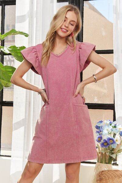 ADORA Mineral Washed V-Neck Ruffled Cap Sleeve Dress - Hovatok