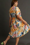 Umgee Full Size Abstract Print Flutter Sleeve Frill Tiered Midi Dress Plus Size - Hovatok