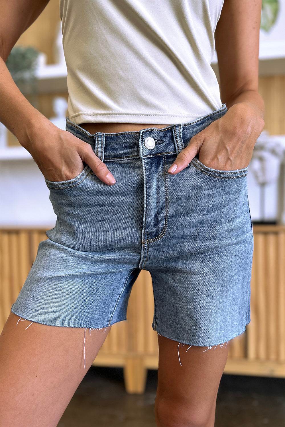 Judy Blue Full Size High Waist Raw Hem Denim Shorts - Hovatok